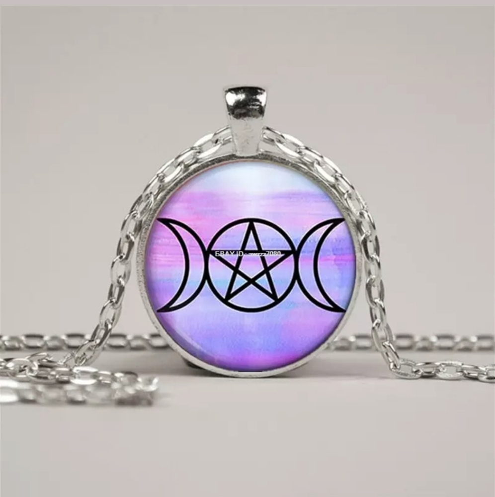New Triple Moon Silver Glass Cabochon Necklace.